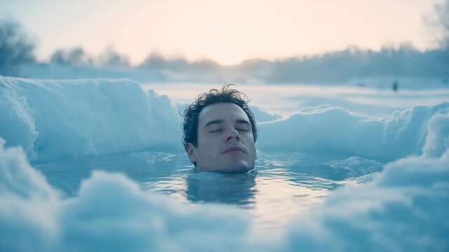 Wellness trend of ice bath therapy captured in outdoor setting, symbolizing vitality and resilience.