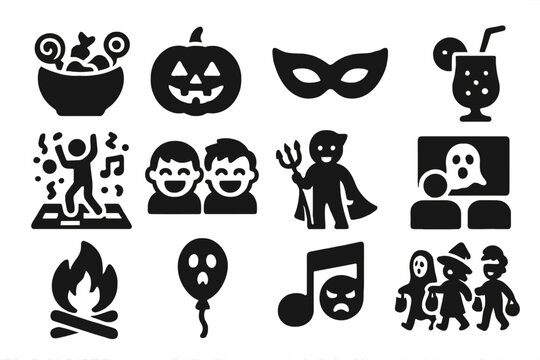 Festive Halloween Icons. Solid style icons of festive fun: candy bowl, pumpkin lantern, party mask, spooky drink, dance floor,