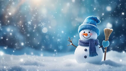 Cheerful snowman with broom in snowy winter landscape animation for holiday season,christmas concept,new year,animated snowflakes,and background - Powered by Adobe