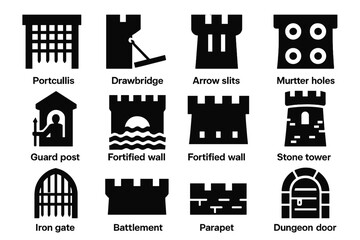 Castle Defense Icons. Solid style icons of castle defenses: portcullis, drawbridge, arrow slits, murder holes, guard post, moat