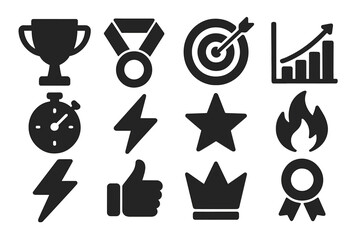 Fitness Icon Set. Solid style icons of Fitness motivation: trophy, medal, target, progress chart, stopwatch, energy icon, star,
