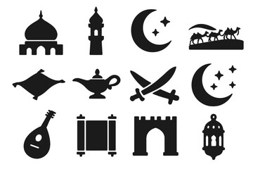 Arabian Nights Icons. Solid style icons of Arabian nights: palace dome, minaret tower, crescent moon, desert caravan, flying