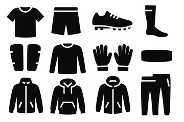 Soccer Apparel Icons. Solid style icons of Soccer apparel: jersey, shorts, cleats, socks, shin guards, goalkeeper jersey, gloves,