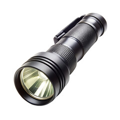 Black tactical flashlight isolated on transparent background