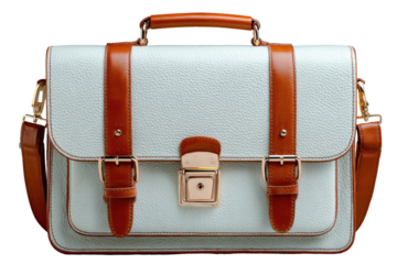 Light briefcase with brown leather straps and metal buckle providing secure closure featuring transparent background