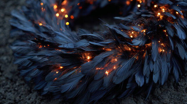 Halloween wreath made of black feathers and tiny orange lights.  - Powered by Adobe