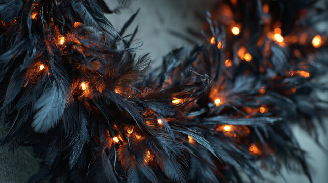 Halloween wreath made of black feathers and tiny orange lights. 