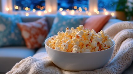 Big bowl of popcorn in a cozy home atmosphere with glowing string lights in the background. Perfect snack for watching movies and relaxing evenings
