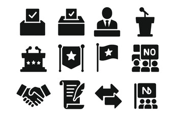 Politics Icon Set. Solid style icons of politics: voting ballot, ballot box, politician speaking, podium with microphone, debate