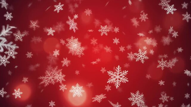 Delicate white snowflakes gently falling on red background creating a festive winter atmosphere perfect for christmas and holiday season themes