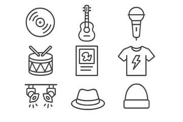 Indie Rock Icons. Line style icons of Indie Rock: Vinyl, Acoustic Guitar, Microphone, Drum, Poster, T-shirt, Stage Lights, Hat, No