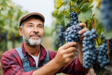 Senior farmer harvesting red grapes in vineyard