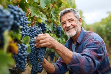 Senior farmer man harvesting grapes in vineyard