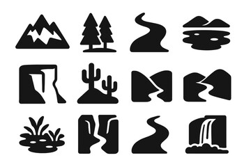 Solid Terrain Icons. Solid style icons of Terrain features: mountain, forest, river, lake, cliff, desert, valley, hill, swamp,