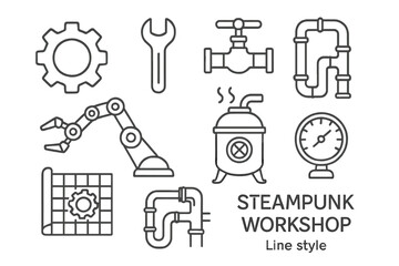 Fototapeta premium Steampunk Workshop Icons. Line style icons of Steampunk Workshop: Gear, Wrench, Steam Valve, Mechanical Arm, Boiler, Pipe System,
