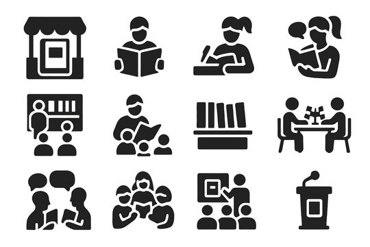Book Event Icons. Solid style icons of Book events: book fair, author reading, book signing, storytelling session, library event,