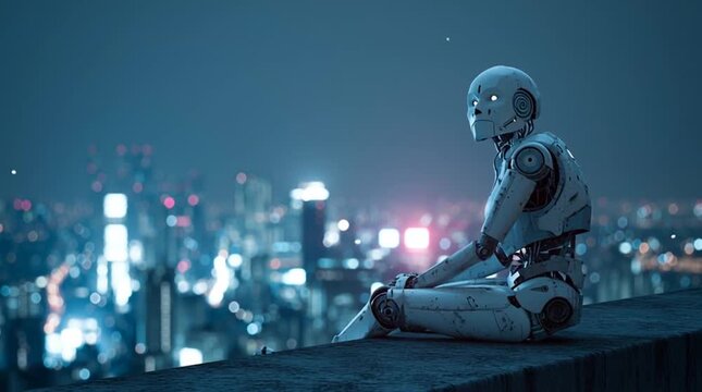 Robot overlooks a city skyline at night while contemplating existence in a futuristic setting