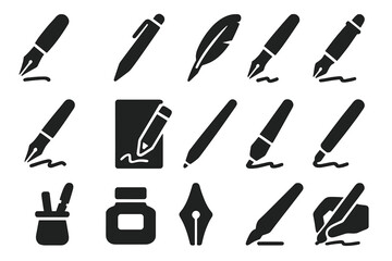 Obraz premium Writing Instruments Icons. Solid style icons of Writing instruments: fountain pen, ballpoint pen, ink quill, calligraphy pen,