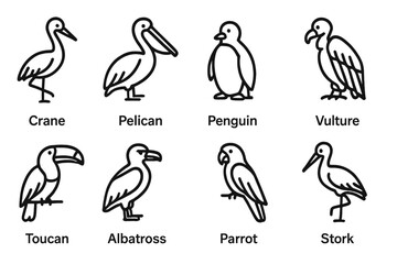 Obraz premium Endangered Bird Icons. Line style icons of Endangered Birds: Crane, Pelican, Penguin, Vulture, Toucan, Albatross, Parrot, Stork,