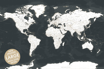 Vector world map large detailed layered updated edition in black faded vintage style