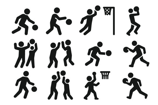 Basketball Action Icons. Solid style icons of Basketball actions: dribble, pass, shoot, dunk, rebound, block, steal, layup,