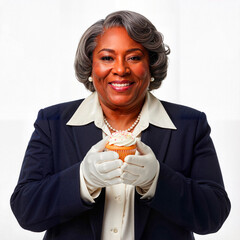 Smiling elderly dark-skinned plus-size gray-haired woman in classic clothing and white gloves presenting a cupcake on white background