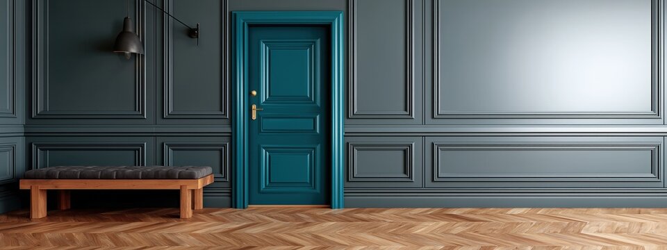 Int&eacute;rieur &eacute;l&eacute;gant d'un appartement vide avec du parquet, une porte bleu, un mur avec boiserie de couleur grise, une banquette et un lampadaire fix&eacute; &agrave; la cloison, vue panoramique.