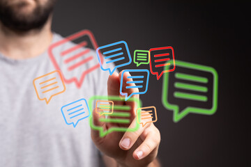Abstract communication technology background, person interacting with social media and messaging icons. Innovative, modern and impactful digital