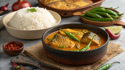 Traditional bengali fish curry with rice, featuring vibrant green chilies and lime, served in rustic bowls for an authentic culinary experience