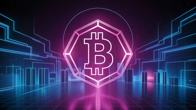Neon Bitcoin symbol in futuristic digital city landscape cryptocurrency digital currency