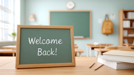 Back to school classroom scene with chalkboard and books for education themes