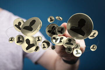 Concept for social network connecting people with a hand. Conceptual digital network and globalization with technology.