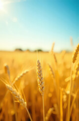 Close-up of Ripe Wheat Ear in a Golden Field under a Bright Blue Sky