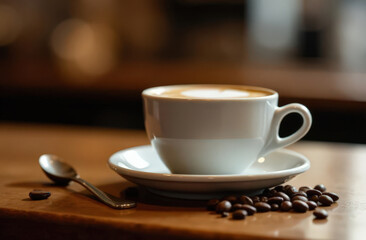 Cup of hot coffee with steam and coffee beans on wooden table