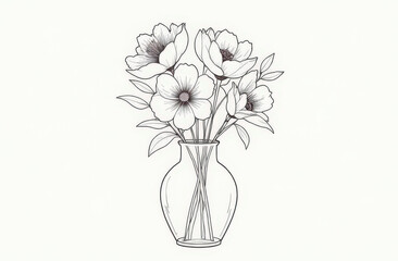 Minimalist Black and White Line Art Drawing of Flowers in a Glass Vase