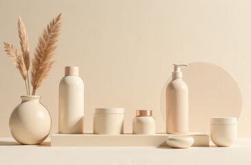 Beige cosmetic bottles and jars for skincare branding mockup