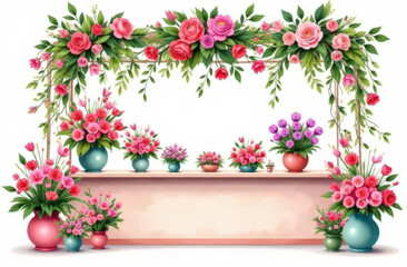 Watercolor Illustration of a Bright Flower Shop Interior with Counter