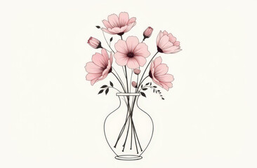 Elegant Watercolor Line Art Bouquet of Pink Flowers in a Glass Vase