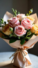 Elegant Bouquet of Pink and Yellow Roses Wrapped in Craft Paper for Gifting
