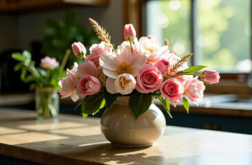 Cozy Kitchen Countertop with Soft Pink Floral Bouquet in Warm Sunlight