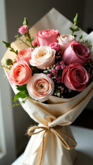 Delicate Pink and Cream Rose Bouquet Wrapped in Paper and Tied with Twine