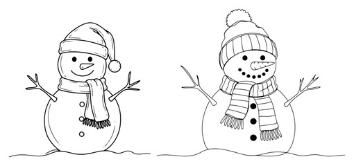 Hand drawn snowman duo winter outline vector set with scarf hat and carrot nose perfect for christmas coloring pages