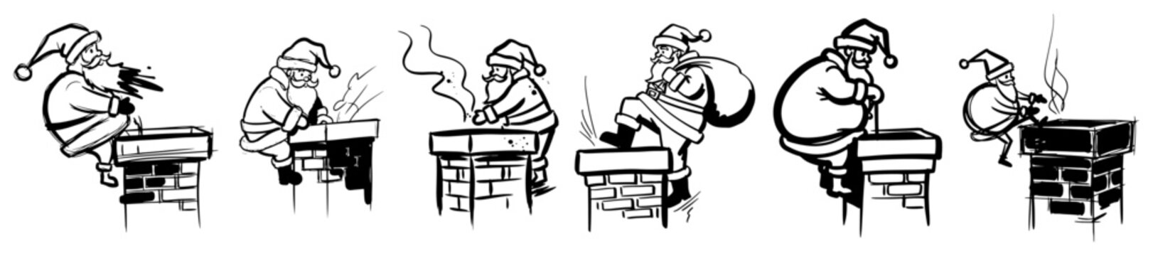 Set of Funny Santa Claus in Chimney Comic Sketches Hand Drawn Vector Illustrations