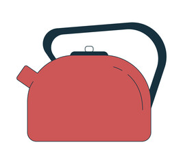 Red tea kettle with modern black handle 2D cartoon object. Kitchen tool. Stovetop kettle. Home appliance. Boiling water teakettle isolated element flat vector clip art on white. Spot illustration