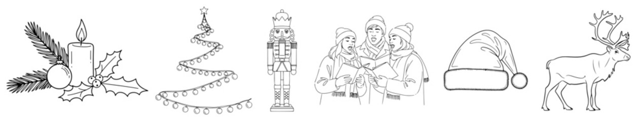 Hand drawn Christmas icons set with candle holly garland tree nutcracker carolers santa hat and reindeer outline vector for coloring and decor © Amelia