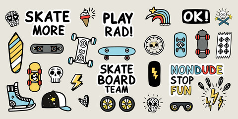 Collection of fun and colorful skateboard themed stickers with text and illustrations © Sanjoy