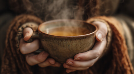 Close-up of hands holding herbal tea cup