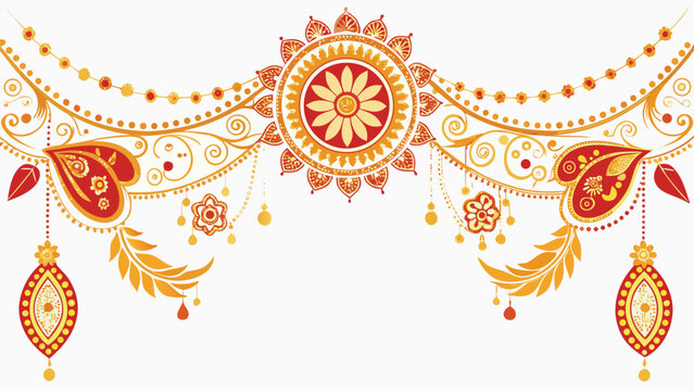  Indian wedding festival border with henna designs, golden paisleys, and floral garlands on white background.