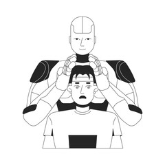 AI as tool for propaganda line illustration concept. Manipulation of thoughts, beliefs. Artificial intelligence controlling human mind outline 2D characters isolated. Ink linear metaphor vector art
