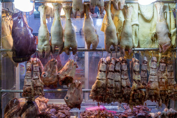 Butcher shop window in Kemeraltı, Izmir province.